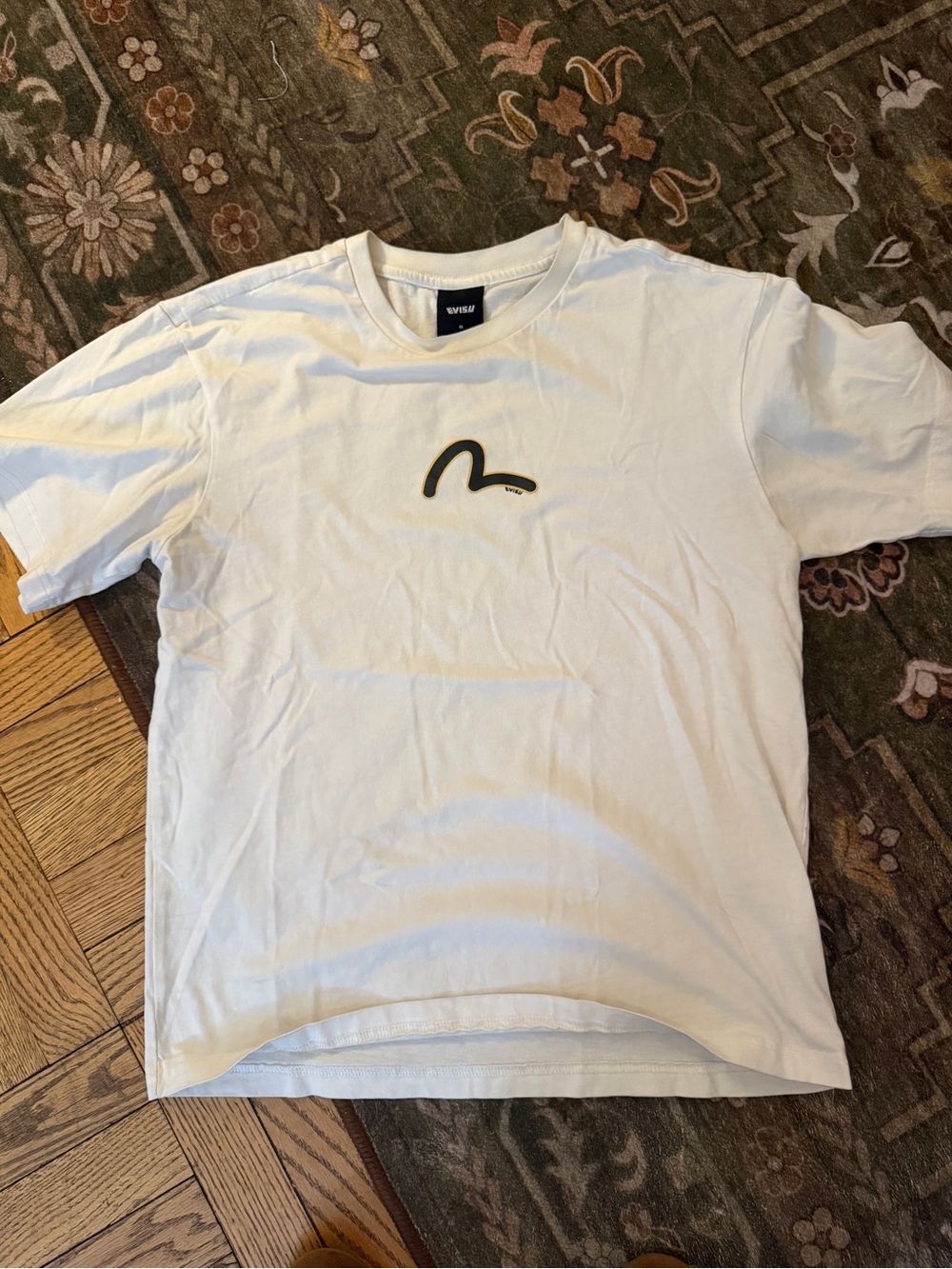 EVISU Men's Ecru T-Shirt Seagull Logo 100% Cotton Streetwear Tee Medium